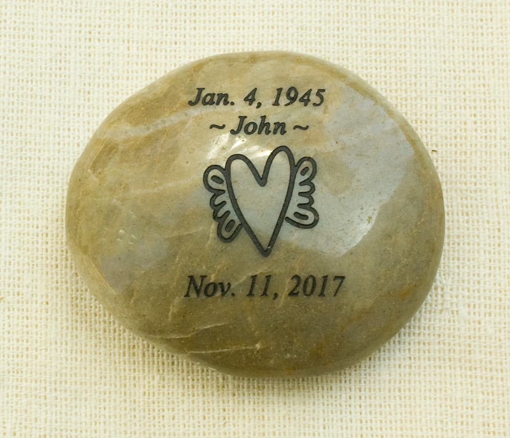 Custom Engraved Stone with Name, Heart, Wings and Dates