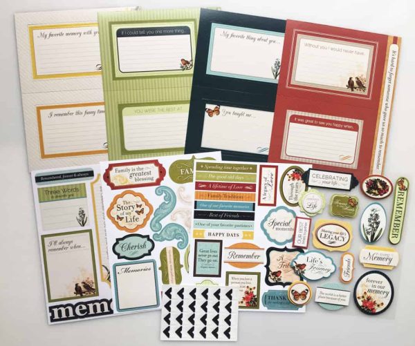 Complete Memory Board Kit contains 8 pages of embellishments, stickers, and sayings